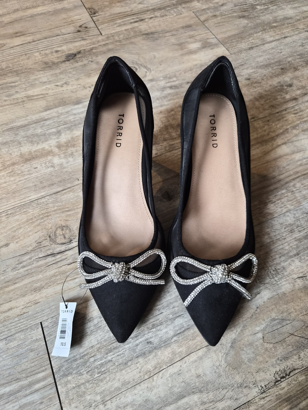 Torrid Black Pointed Toe Bow Heels with Rhinestone Detail